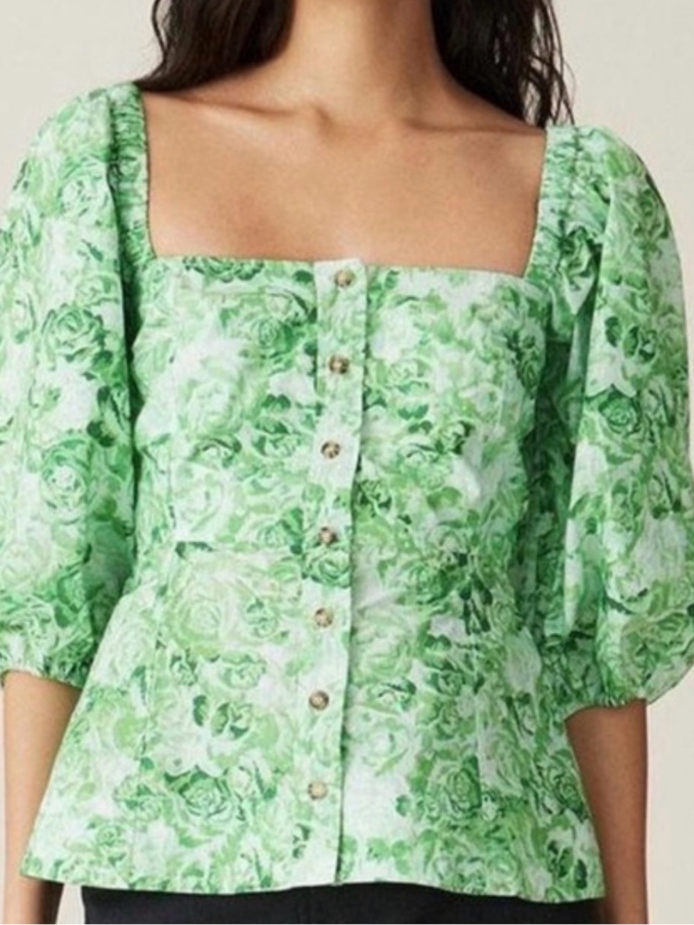 Ganni Green Floral Blouse With Puff Sleeves